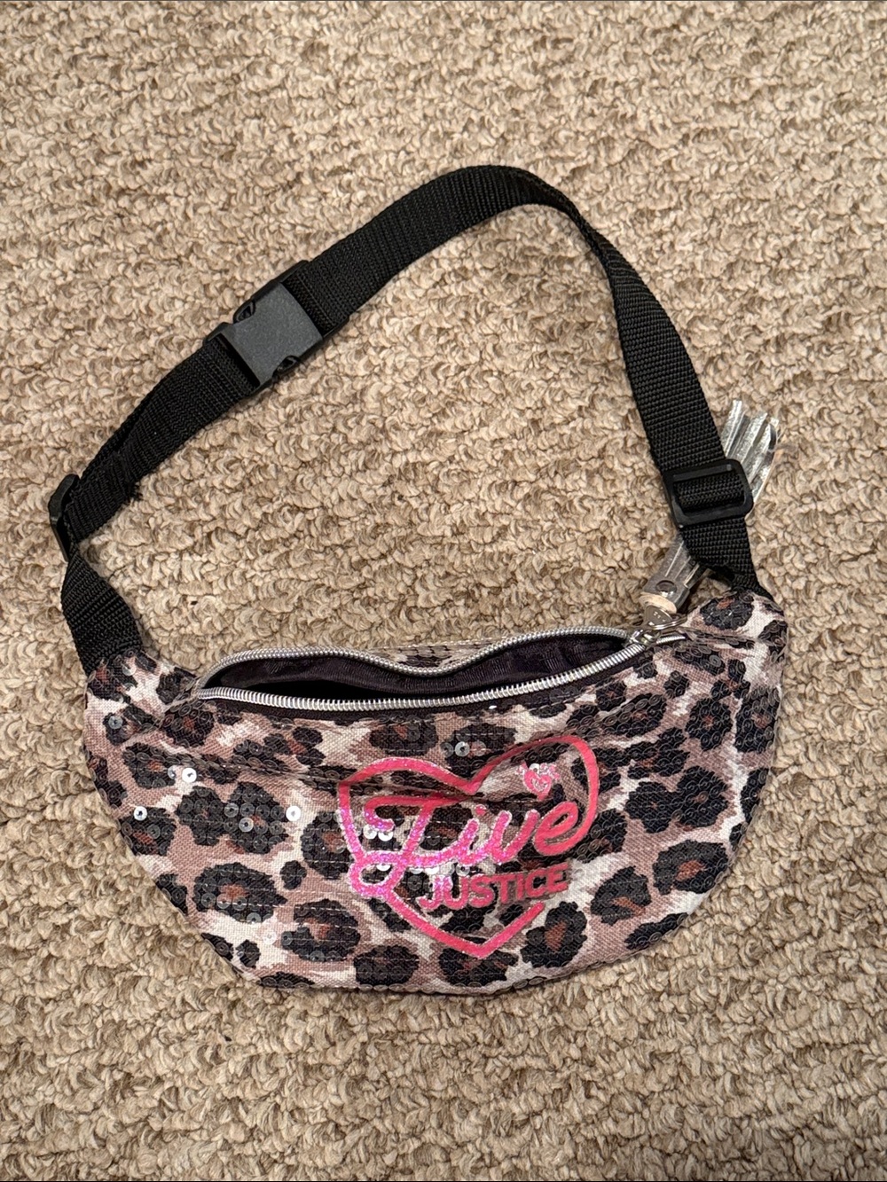 Justice Sequin Leopard Print Waist Bag with Pink Logo